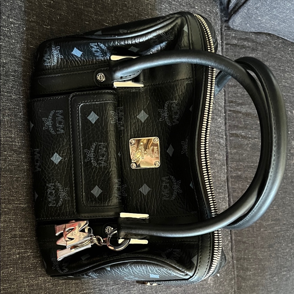 MCM Black Visetos Logo Satchel with Gold Hardware
